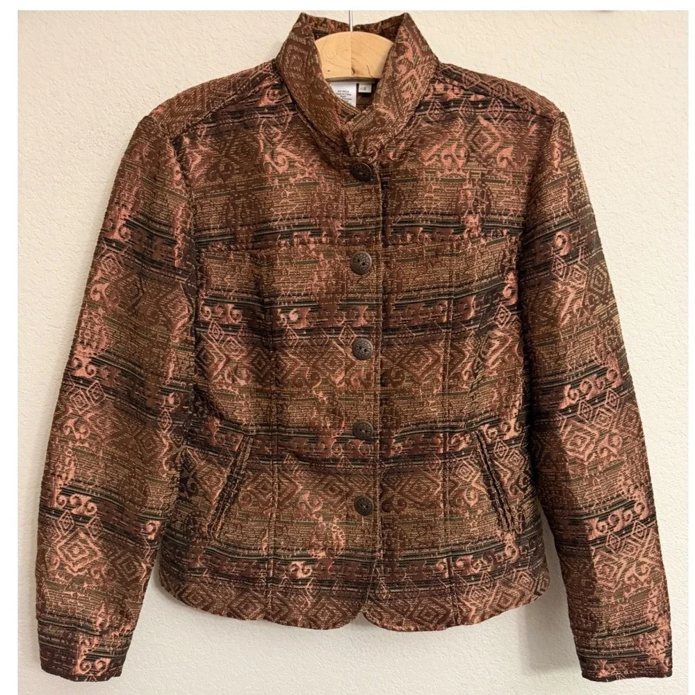 Coldwater Creek Pineapple SZ Small Tapestry Jacquard Jacket Copper Metal Buttons